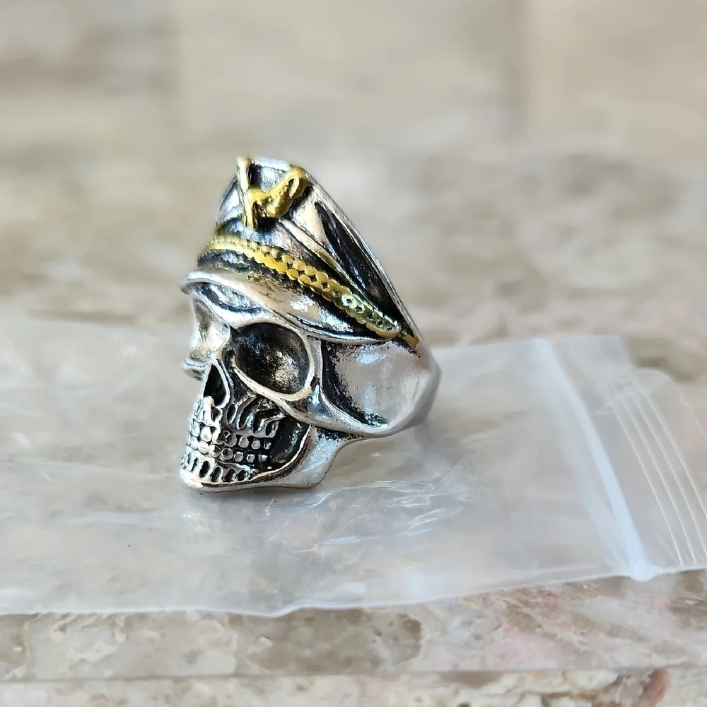 Silver Skull Ring with Gold Accents, Adjustable, New
